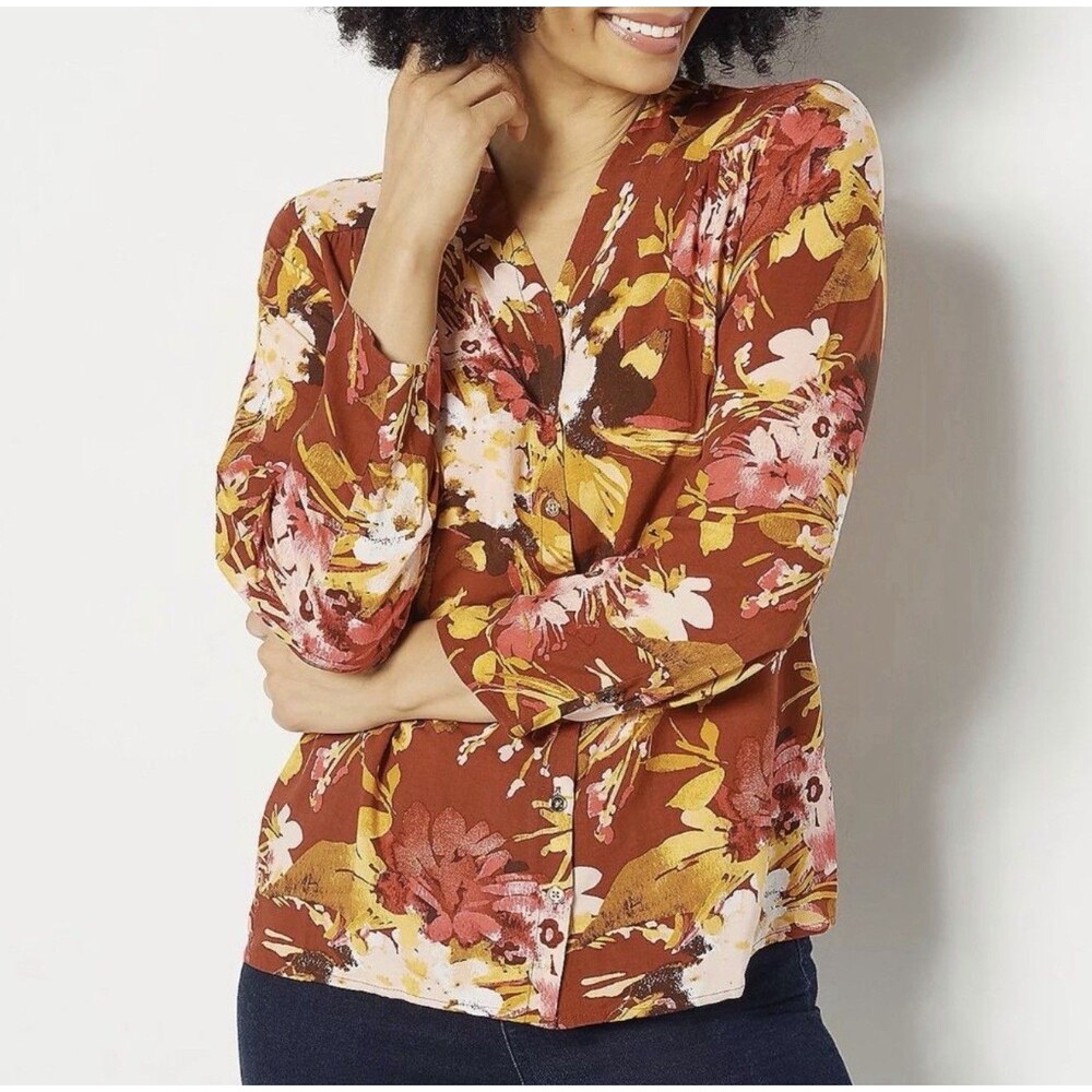Denim & Co QVC Printed V-Neck Button-Front Blouse Size Large